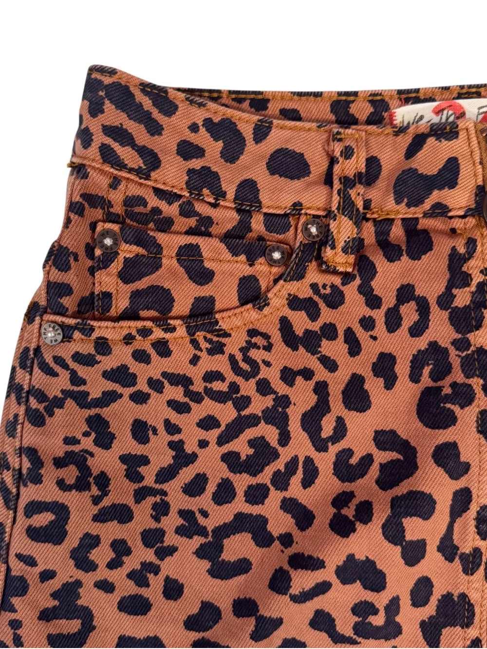 We The Free Size 24 Leopard Animal Print Zip Up Denim Mini Skirt Boho Raw Hem
